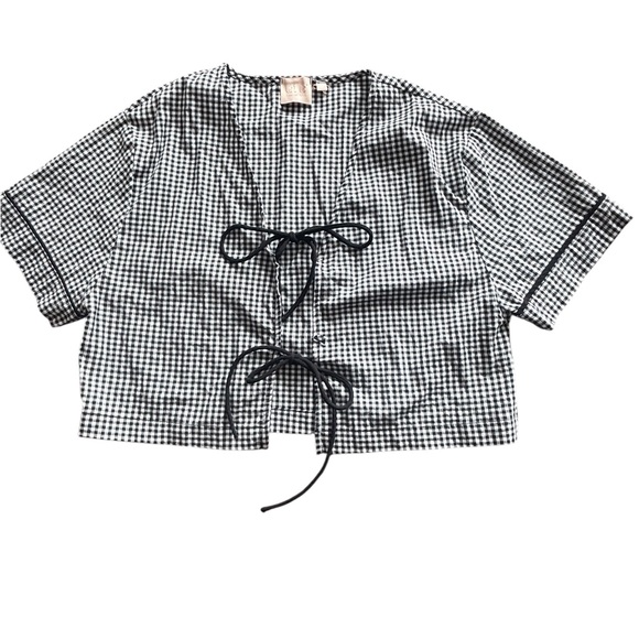 Gingham Tie Front Crop Top Black & White Cottagecore Boho Size Small - Picture 2 of 5